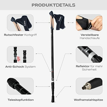 Attrac Wanderstöcke Click & Go Trekkingstöcke mit Anti-Shock Dämpfung I Laufstöcke | Nordic Walking-Stöcke verstellbar & super leicht 69-136cm inkl. Sport App - 2